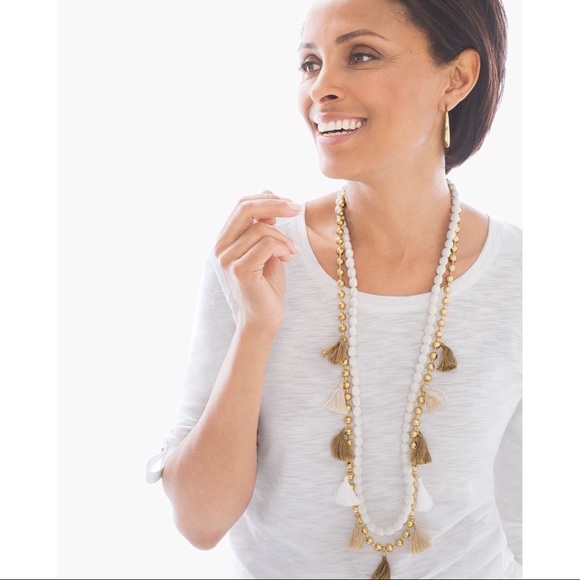 Chico’s Landyn Tassels Necklace Layered Gold Cream - Picture 2 of 5